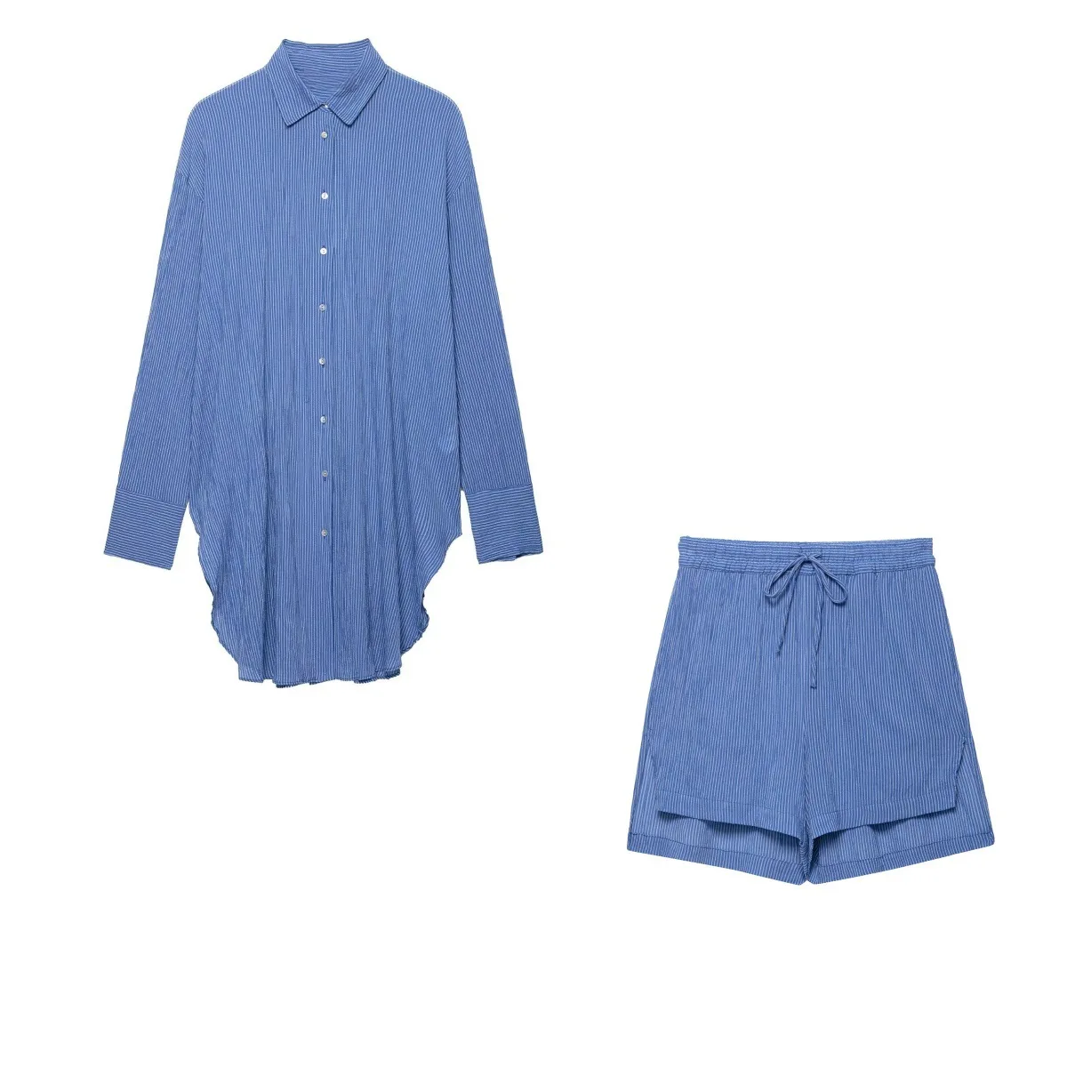 

Новинка лета 2026: Модный комплект в европейском и американском стиле – полосатая длинная рубашка и повседневные шорты