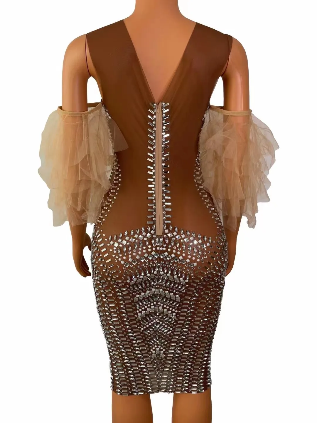 Women Sexy Stage Shining Silver Rhinestones Dress Prom Evening Transparent Mesh Costume See Through Birthday Mesh Sleeves Dress