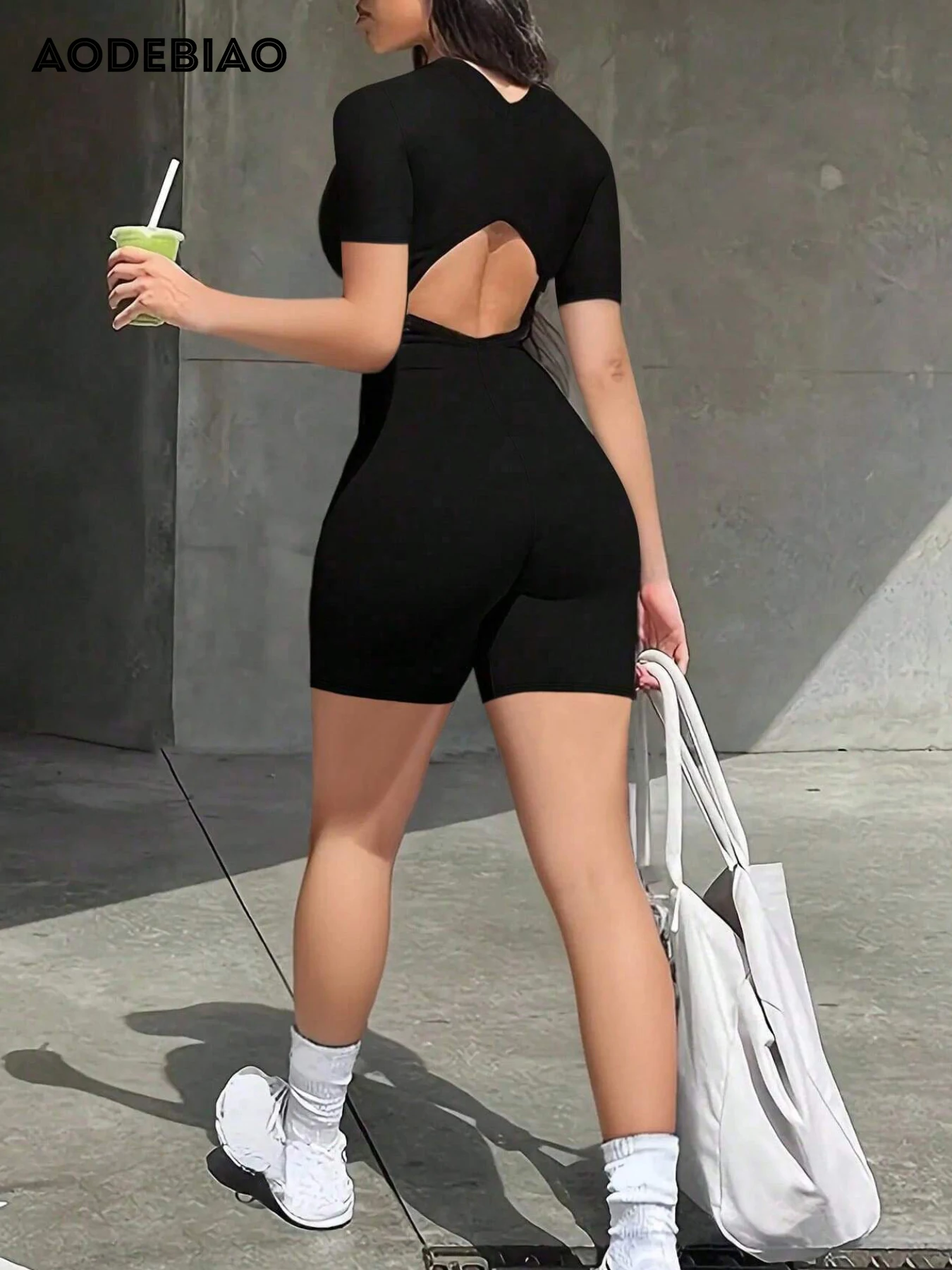 

AODEBIAO Fashion Zippers O- Neck Short Sleeve Summer Rompers Women Sexy Hollow Out Slim New Solid Sports Fitness Playsuits Women