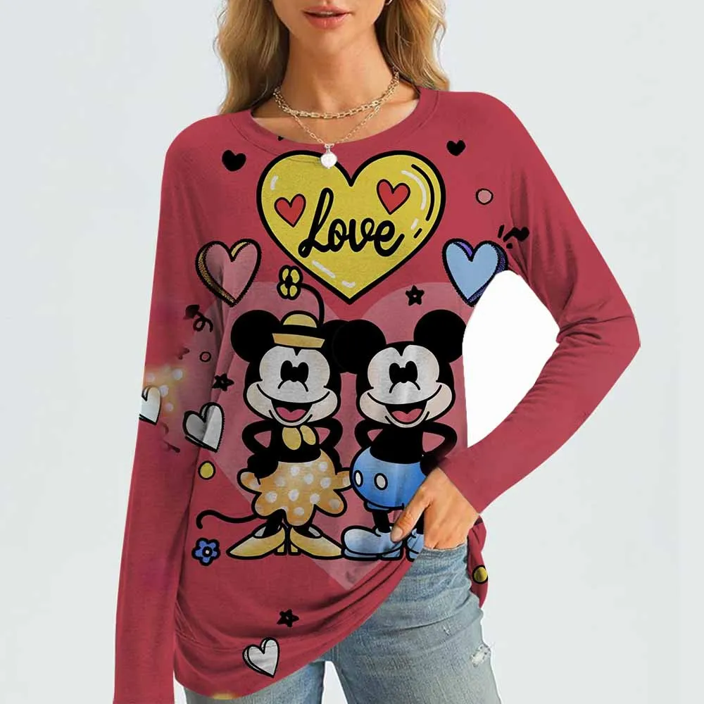 New women's T-shirt Summer Fashion Long Sleeved T-shirt Top 3D Printed Disney Mickey Mouse Round Neck Casual T-shirt women's Pul