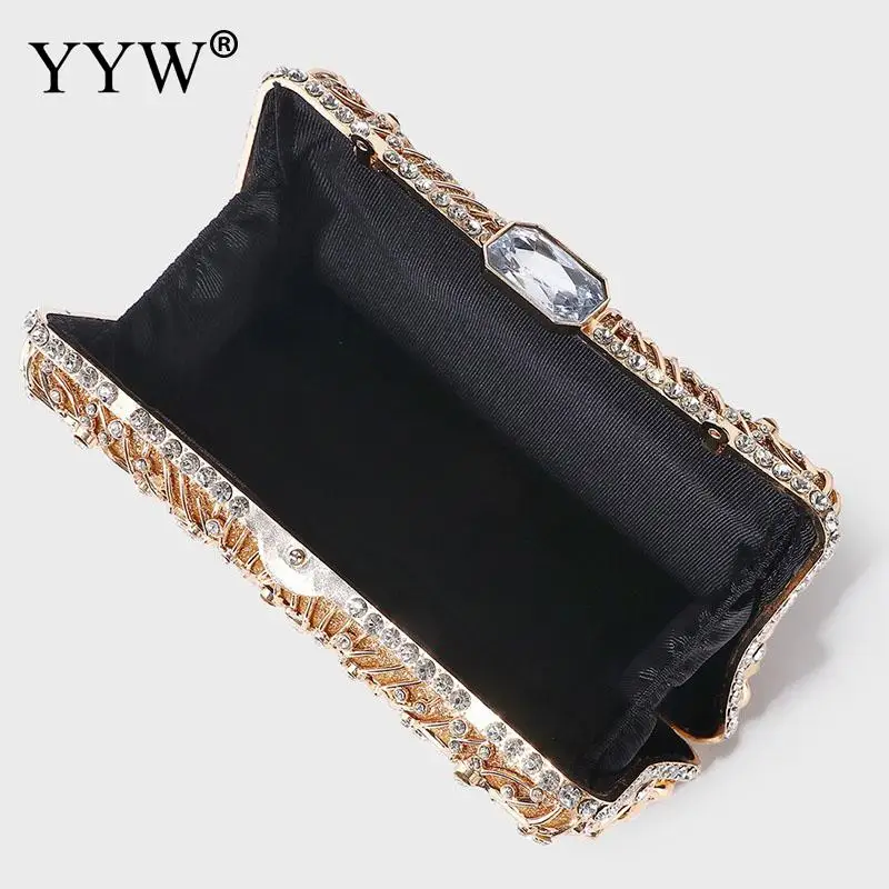 High Quality Gold Metal Clutch Bag Crystal Rhinestone Classical Evening Dress Handbag Diamond Clutch Purse Chain Shoulder Bag