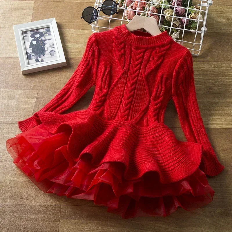 2025 New Girls\' Woolen Warm Dress Children Autumn Winter Round Neck Sweater Elegant Girl Knitted Long Sleeve Red Christmas Dress