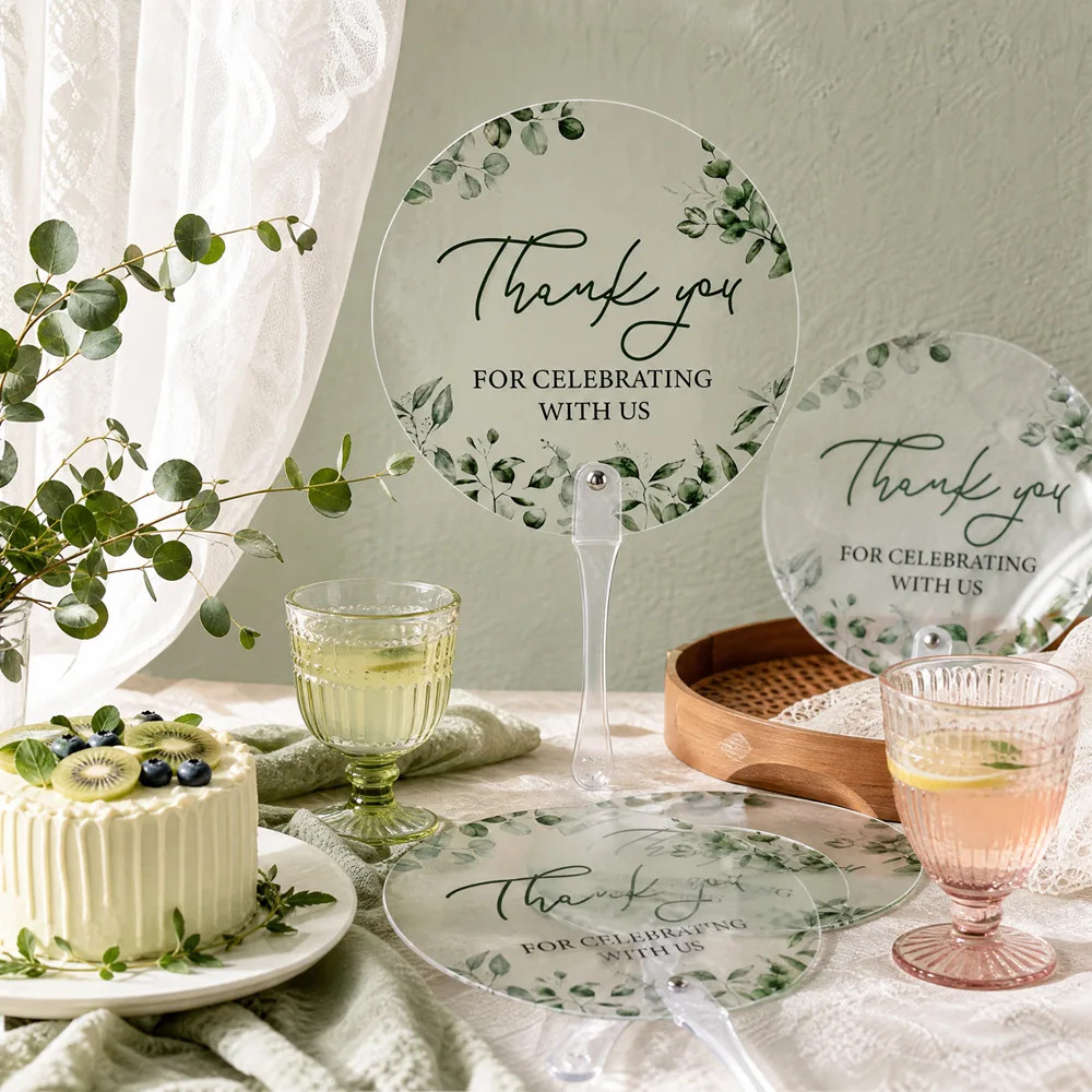 20Pcs/40Pcs/60Pcs/80Pcs Personalized Custom Thank You Name and Date Transparent Plastic Fans with Single-Sided Printing, Wedding Engagement Party Props, Wedding Party Gift Fans—Plastic Handheld Green Plant-Shaped Fans with Handles, Suitable for Wedding Ceremonies, Bridal Showers, and Guest Use, Also Suitable for Holiday Atmosphere, Valentine's Day Decorations, Banquet Props, Elegant Wedding Style, Lightweight Cooling Fans