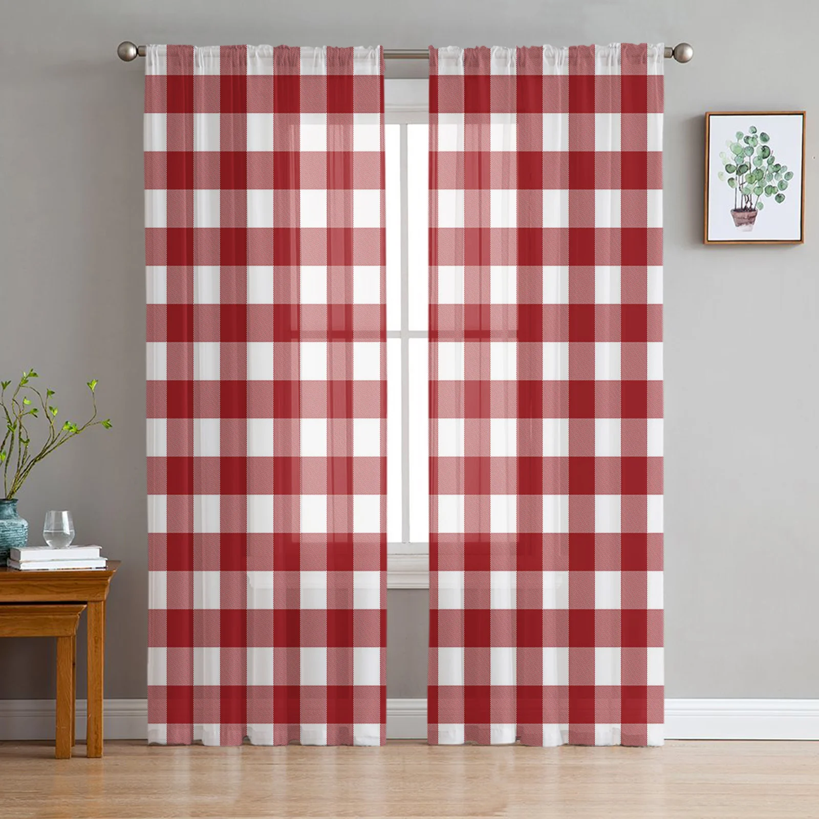 

Pastoral Style Red And White Lattice Voile Curtains For Bedroom Living Room Luxury Tulle Organza Curtains Sheer Curtains