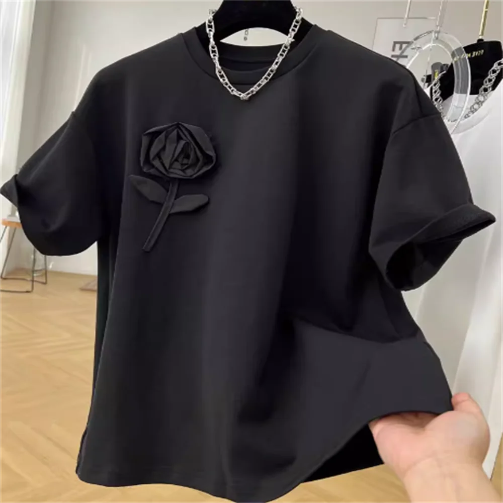 

Three-dimensional flower cotton round-neck short-sleeved T-shirt women's new summer