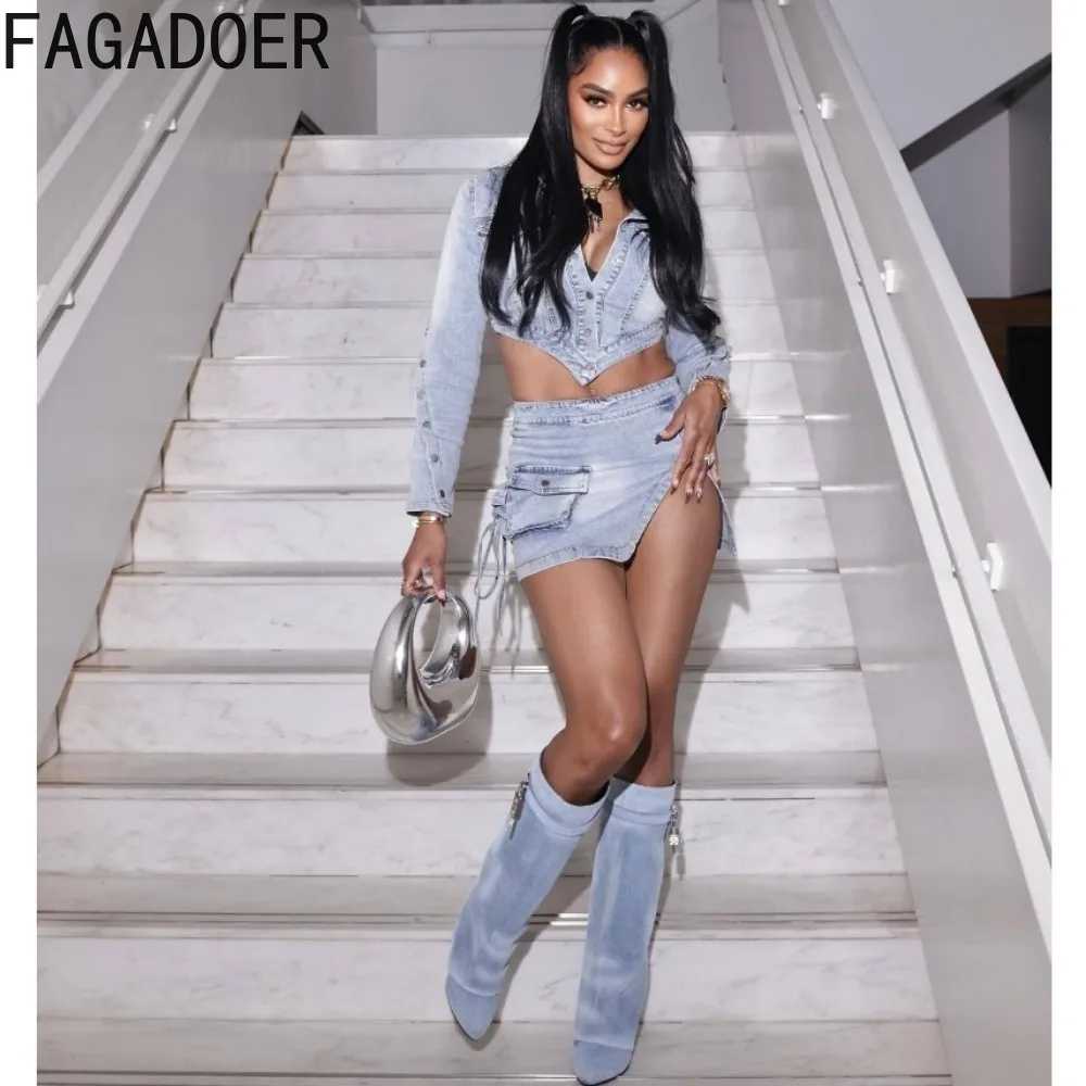 FAGADOER Fashion Streetwear Women Denim Button Long Sleeve Irregular Crop Top And Mini Slit Skirt Outfits Female Cowboy Clothing