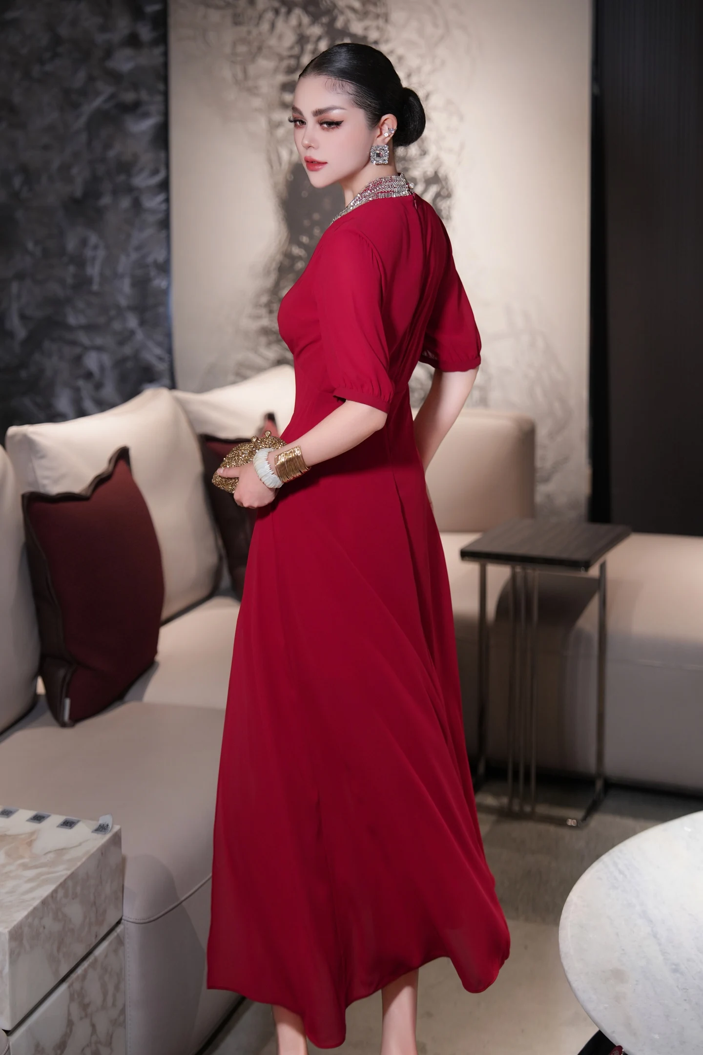 Meyyithun vestido feminino com decote em v frisado manga curta vermelho midi vestido formal sofisticado festa roupas femininas 1117m01