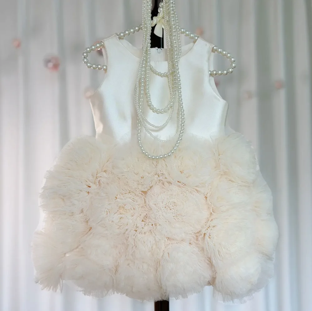

Mini Dubai Champagne Flower Girl Dresses Satin Handmade Flowers Baby Kids Birthday Wedding Party Gown Pageant