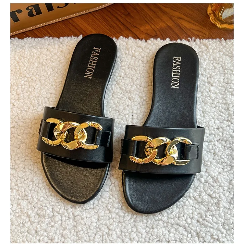 Women Summer Slipper Square Toe Chain Slippers Slip on Flat Slide Sandals Beach Flip Flops Casual Shoes Woman Plus Size