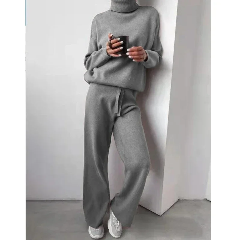 Women Winter Sweater Clothes Set Turtleneck Solid Color Stitching Lady Knitted Two-piece Suit  Woman Sweaters