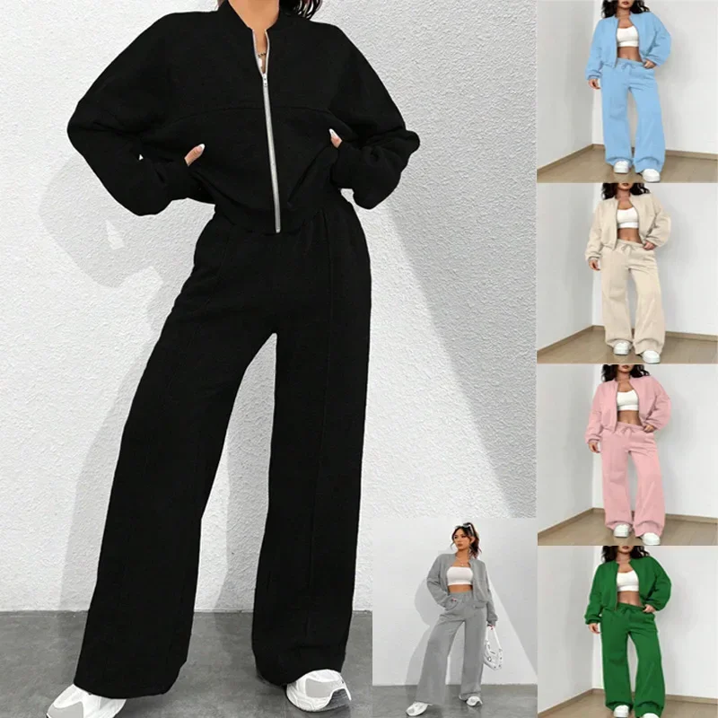 American New Solid Women's Zipper Hoodie Hoodies Autumn Fashion Women's Sweatshirt And Sports Pants Two-piece Set Y2K Streetwear