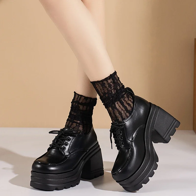 Classics Oxford Women Pumps Leather Women Platform Square Heel Lace Up Ladies Shoes Women Party Role Play Uniform Dress Shoes