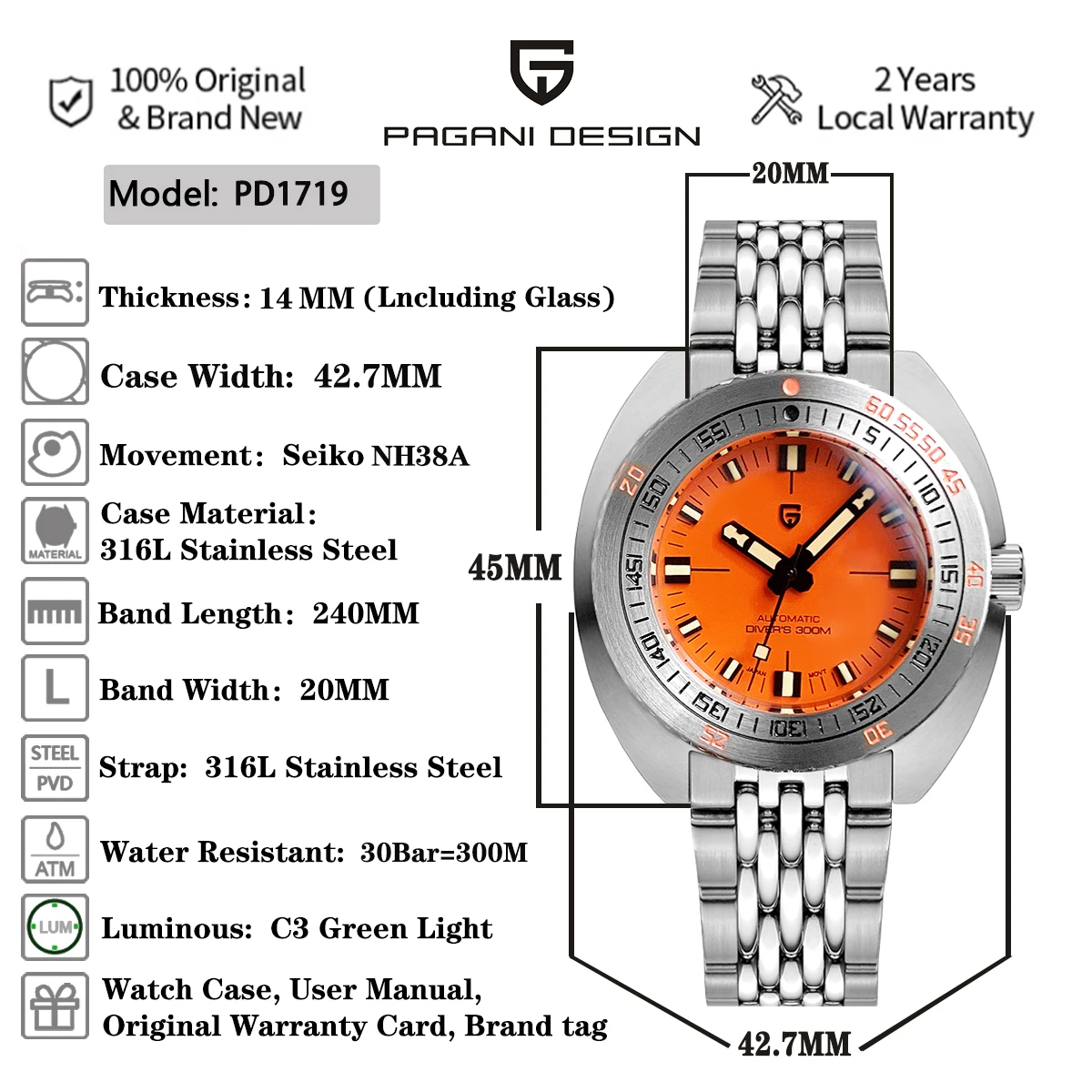 PAGANI Design 42MM Men Automatic Mechanical Watchse NH38 Luxury Sapphire 316L Stainless Steel Waterproof AR Coating Reloj Hombre