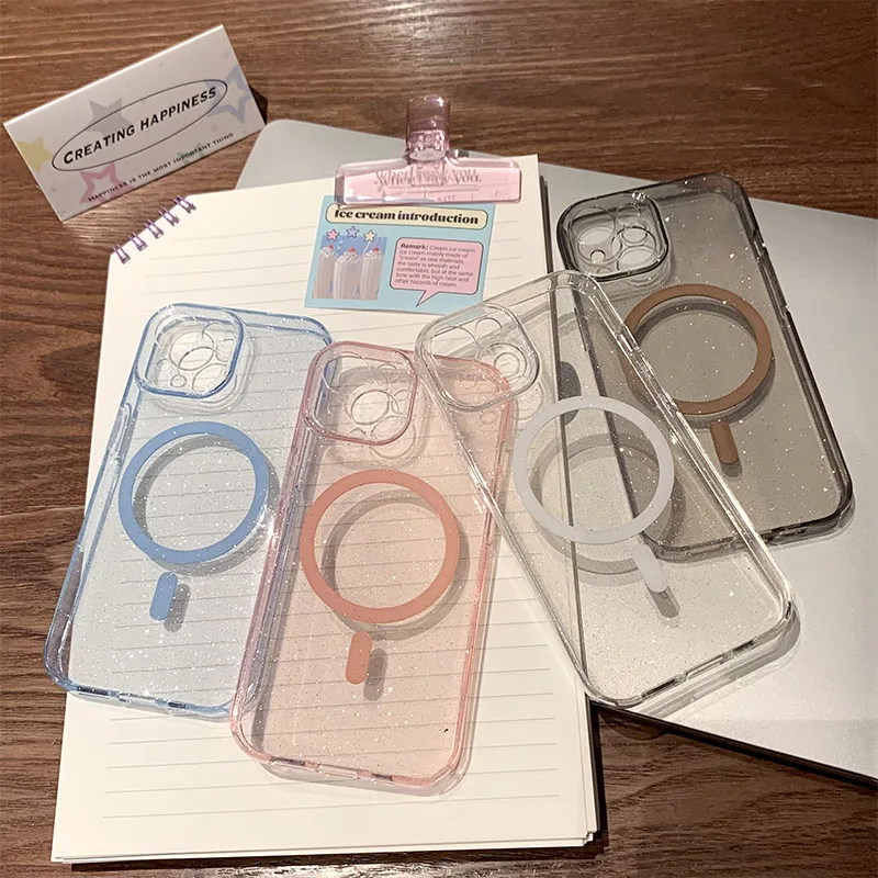 Luxury Glitter Magsafe Transparent Phone Case For iPhone 13 14 15 16 Pro Max Plus Magnetic Clear Bumper Cases Cover