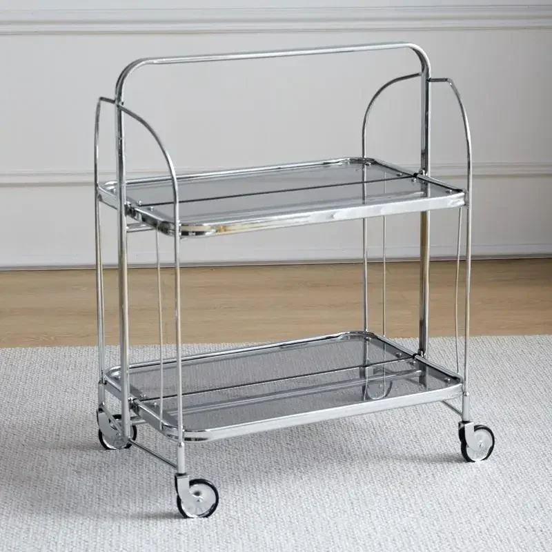 Transparent Glass Dining Car Trolley Home Kitchen Bar Wheel Table Foldable Side Table Living Room Bedroom Mobile Shelf Furniture