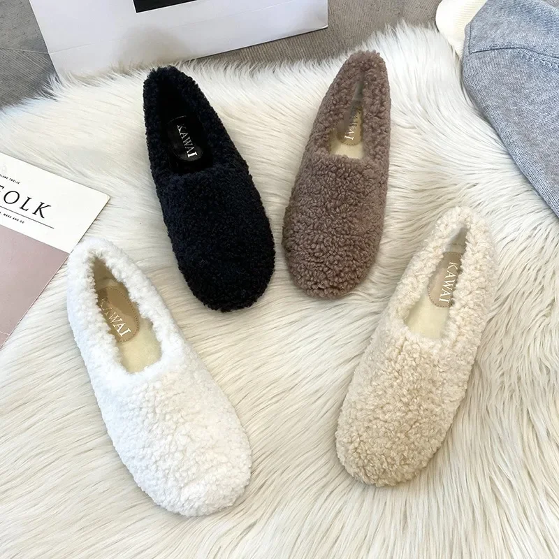 33-43 Big Size Lambwool moccasins femme curly sheep fur flats woman warm plush loafers winter cotton shoes women furry snow boot