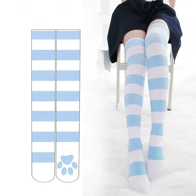 Striped Socks Women's Velvet Water Color Blue and White Two-dimensional Cos Cute Tall Tube Subculture White Silk Pill Knee Socks