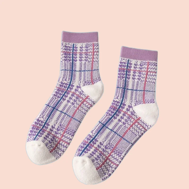 Calcetines de tubo medio para mujer, medias gruesas con estampado de pata de gallo, algodón cálido, estilo japonés, color morado, para otoño e invierno, 1/3 pares