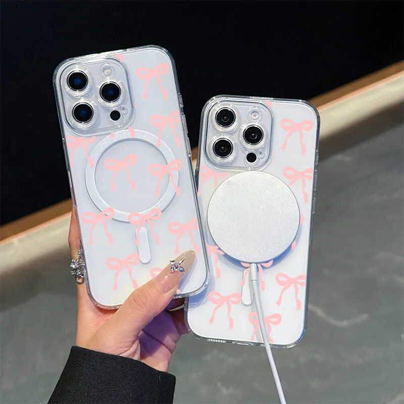 Flowers Floral Magsafe Magnetic Case for Iphone 16 Pro Max 11 12 13 14 15 Pro Max 12 13 Mini 16 Plus Y2K Pink Bow Charging Cover