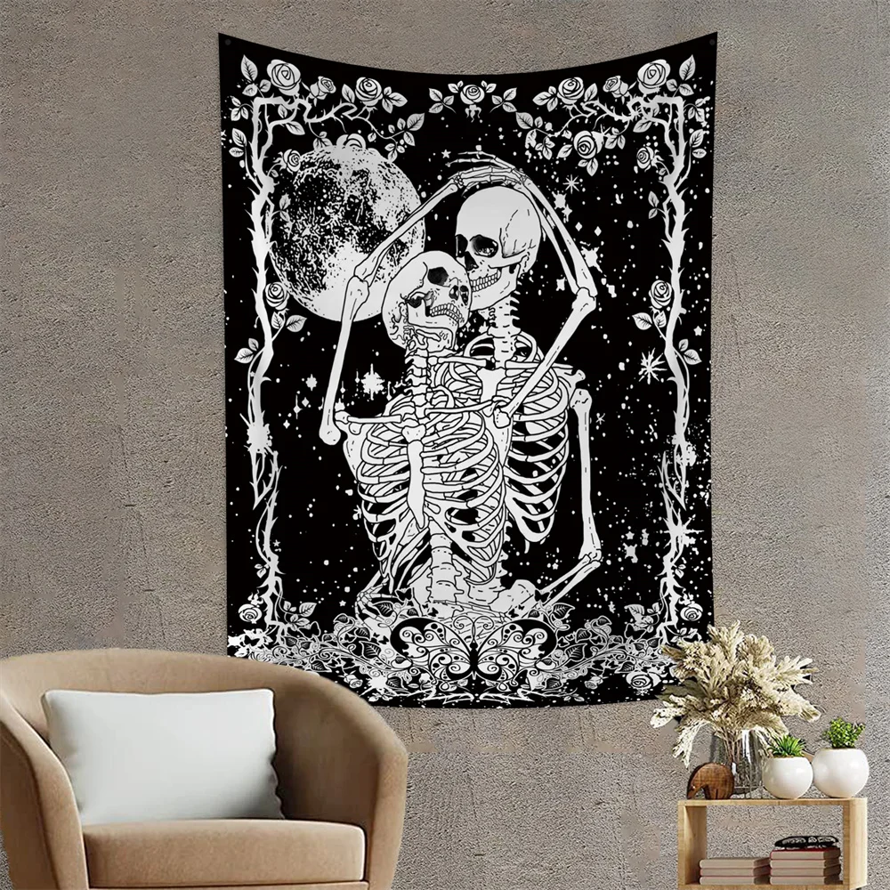 Moon Starry Sky Flower Hug Skull Tapestry Black Witchcraft Wall Hanging Cloth Carpet Tapestries Hippie Ceiling Room Home Decor