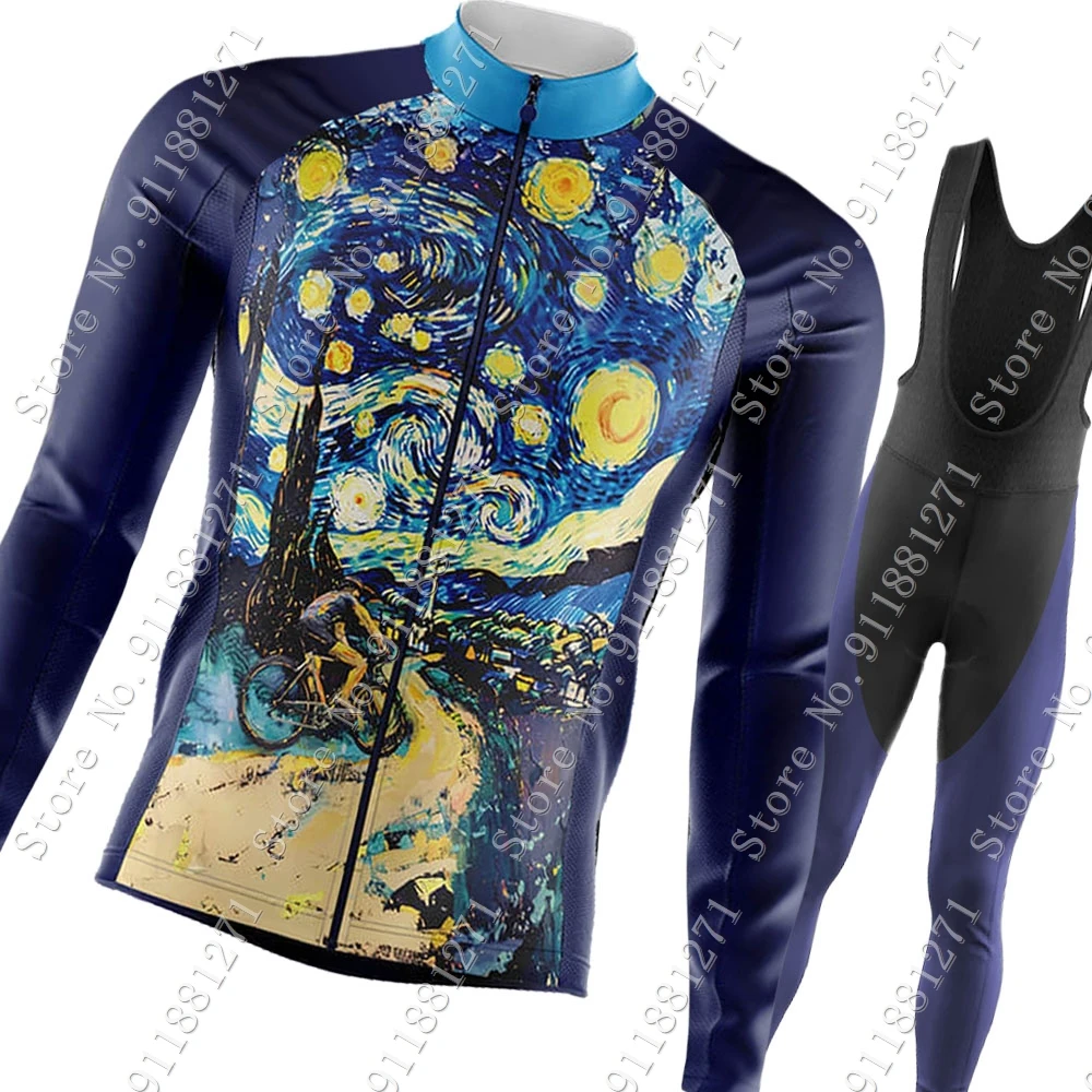 

Комплект велосипедного трикотажа Starry-Night 2025 года, синий летний зимний костюм в стиле ретро, мужские брюки с длинными рукавами для горного велосипеда, шоссейные брюки Maillot Ropa