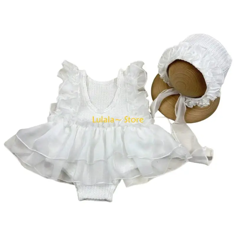 Y4QA Comfortable and Soft Newborns Jumpsuit Dress Photoshoots Props with Matching Hat Headgear for Special Event