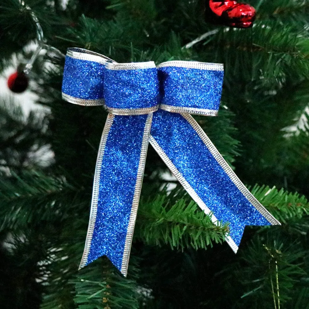 Christmas Sparkling Ribbon Bow Gift, Knot Ribbon Ornament, Christmas Tree Gift Decoration (Blue,5 PCS)