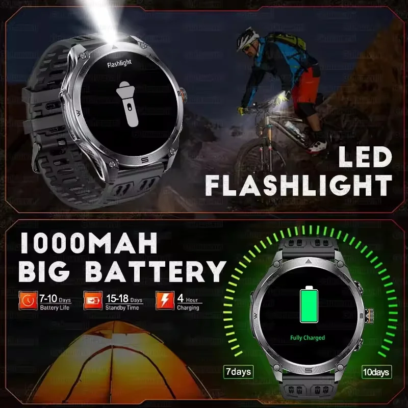 2025 New Military Smart Watch 1000Mah Battery GPS Compass 10ATM Waterproof Tactics Sport Flashlight BT call Smart Watch For Men