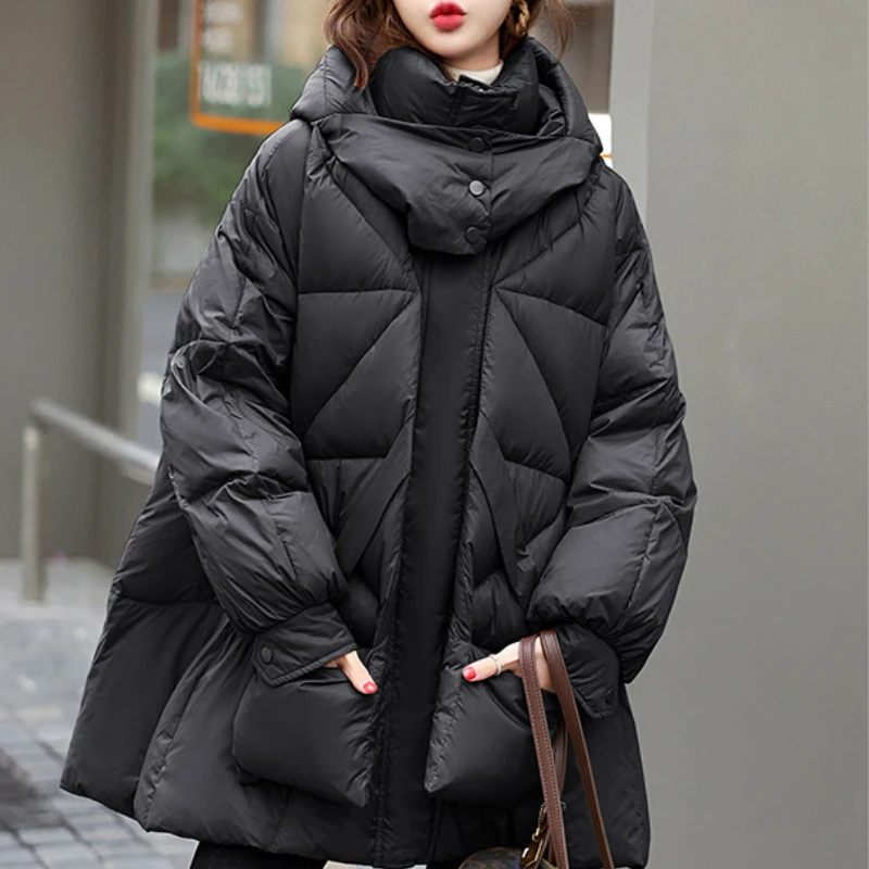 Women\'s Down Jacket Winter New Puffer Coats Korean Casual Trend Hooded Outerwears Poncho Thick Loose Warm Mid-length Down Coats