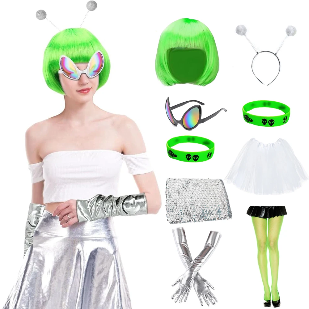

PESENAR Space Alien Costume for Women, Metallic Skirt & Headwear Kits, Halloween Raves Dress Up Accessories