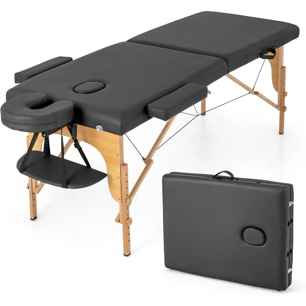 

Massage Table, Portable Massage Bed w/Carrying Case, 2-Section Salon Spa Facial Care Tattoo Bed, Height Adjustable, Wood