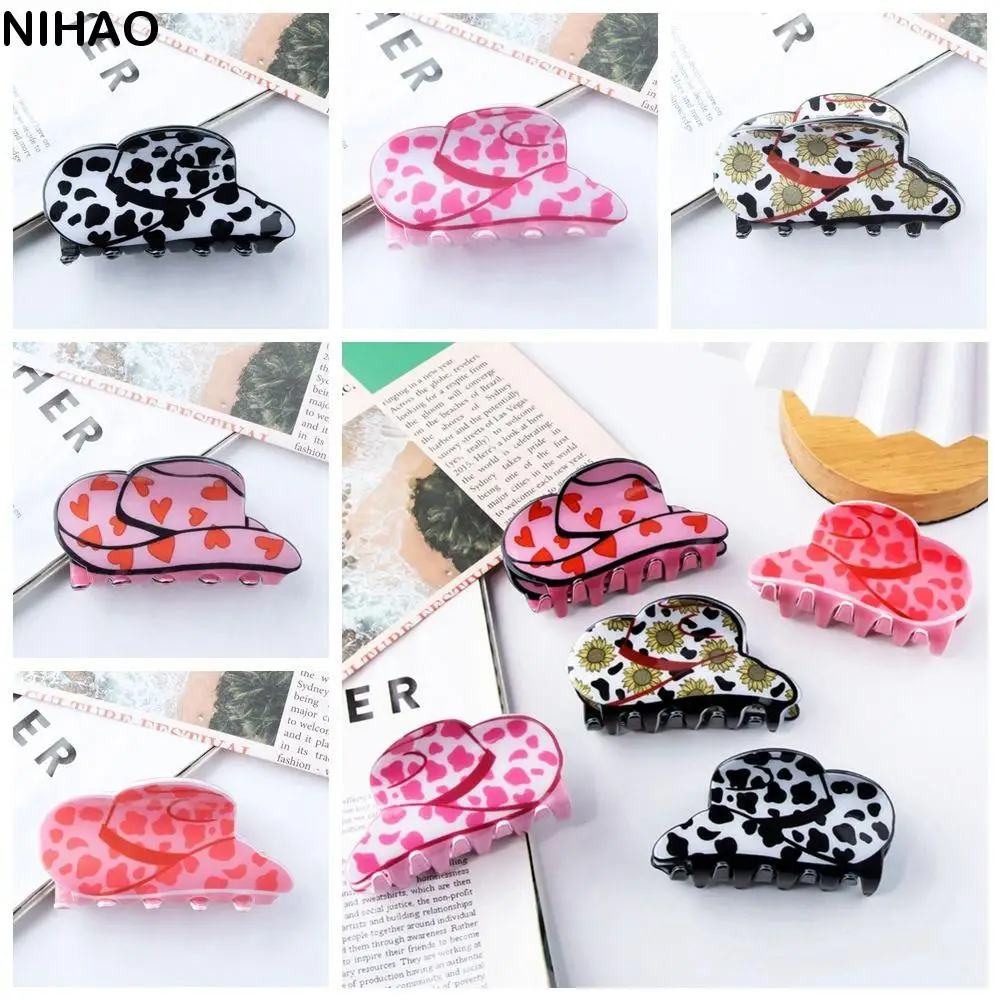 

Personalized Cap Shape Cowboy Hat Hair Claw Leopard Printed Heart Plastic Hair Clip Shark Clip Festival Headdress Daily