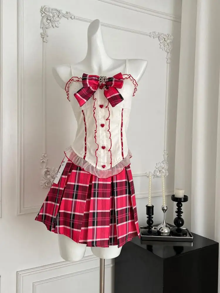 

Women College Style Two Piece Set Summer Beige Patchwork Elegant Sleeveless Ruffles Slip Tops + High Waist Red Plaid Short Skirt