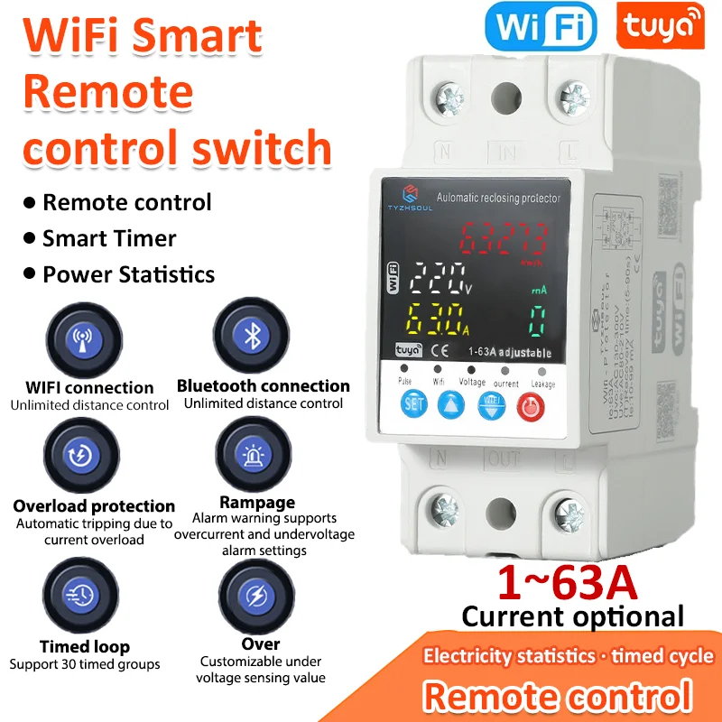 63A Smart WiFi Circuit Breaker 220V Voltage Protector With Remote Control/Voice Control/Intelligent Timing/Power Statistics