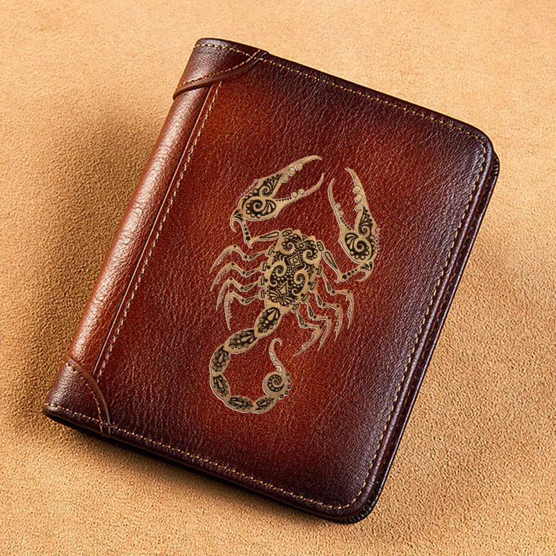 High Quality Genuine Leather Men Wallets Classic Steampunk Scorpion Design Short Card Holder Purse Trifold Men's Wallet BK3860