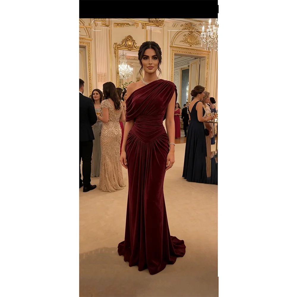 

Elegant Burgundy Evening Dress Prom Gown Customized One Shoulder Pleat Velour Mermaid Floor Length Formal Party Dresses