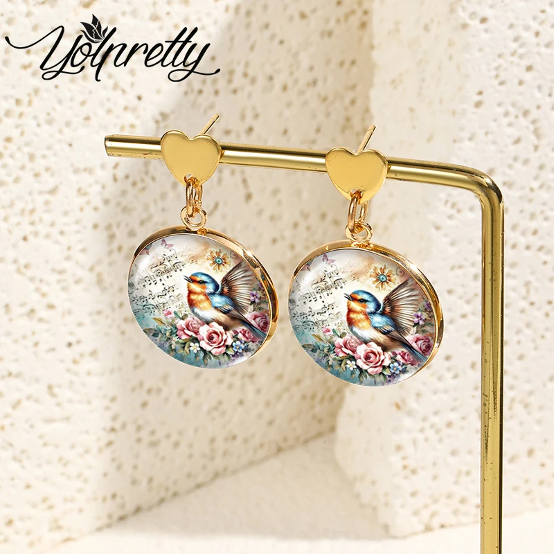 2024 New Flower and Bird Illustrations Glass Stud Earrings  Alloy Ear Needle Jewelry Gift for Man and Woman