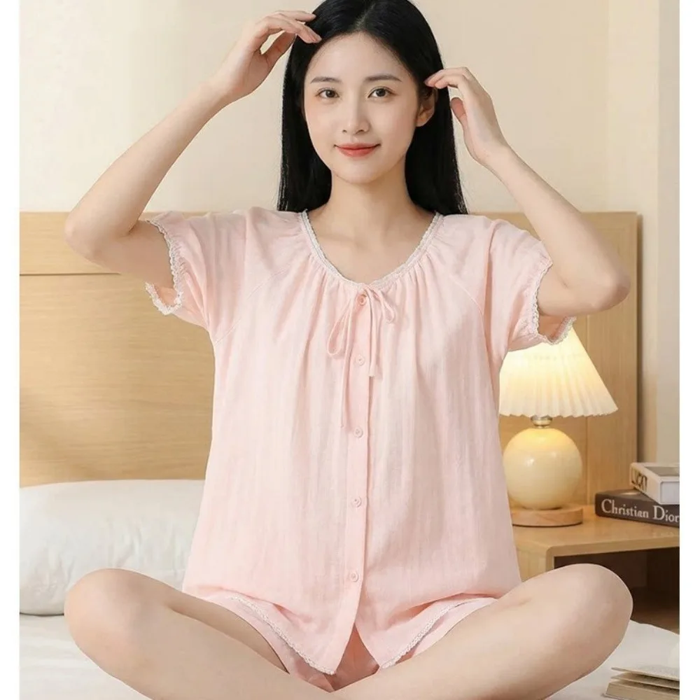 

Lady Pajamas Summer 2 Piece Set Pyjamas Woman Short Sleeve Sleepwear Women's Cotton Home Wear Pure Color Nightwear For Woman