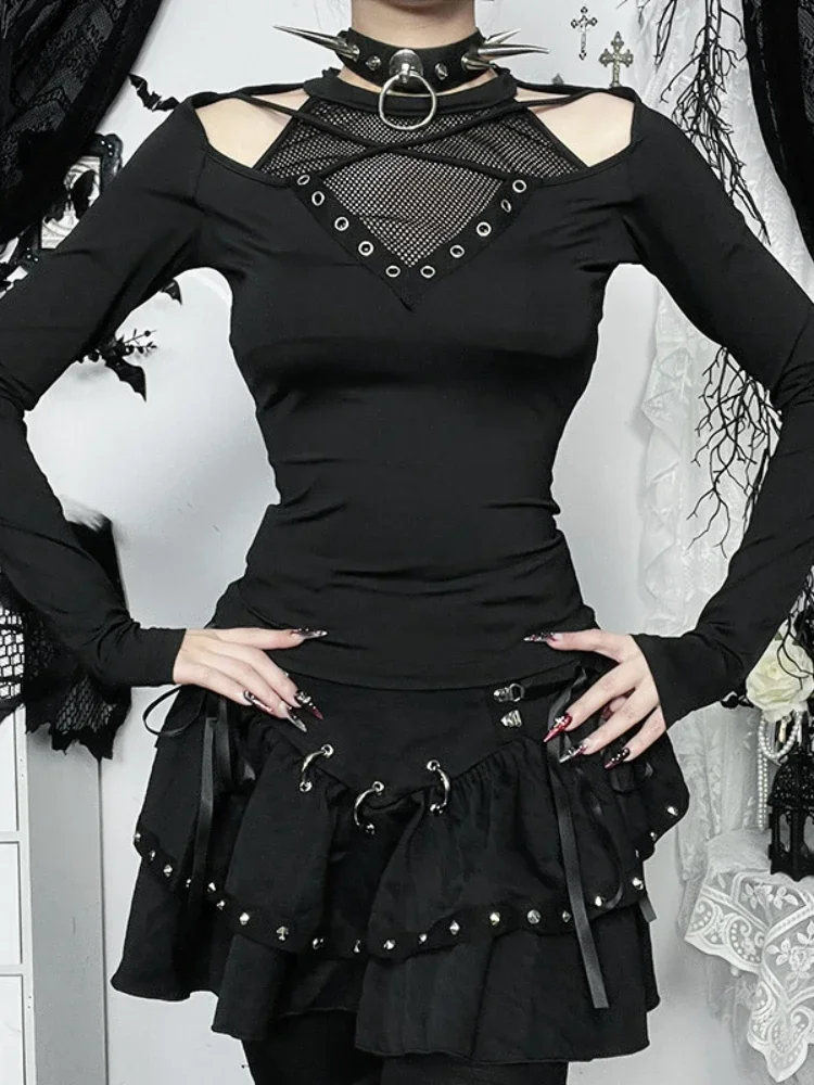 

Новинка 2025, темный академический готический топ, женская уличная одежда, Harajuku, сексуальные Y2k E-girl, ажурные сетчатые лоскутные укороченные футболки с длинными рукавами