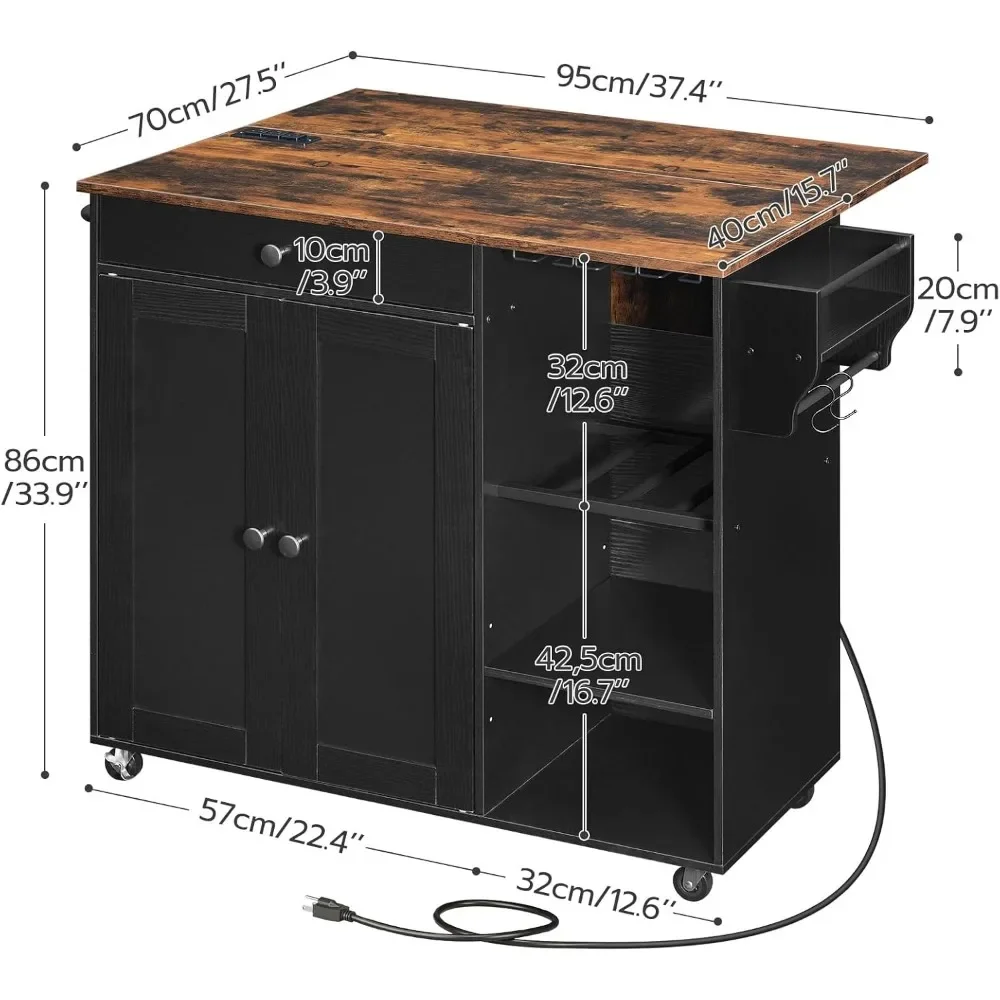 Kitchen Island with Storage, Rolling Kitchen Island with Folding Drop Leaf, Charging Station, Spice Rack, Drawer,for Kitchen