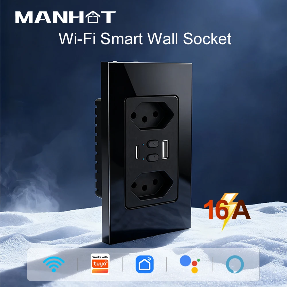 MANHOT Smart Wifi Wall Dual Socket 16A brazil Socket with USB Type-C Outlet APP/Voice Control with Smart Life Alexa Google Home