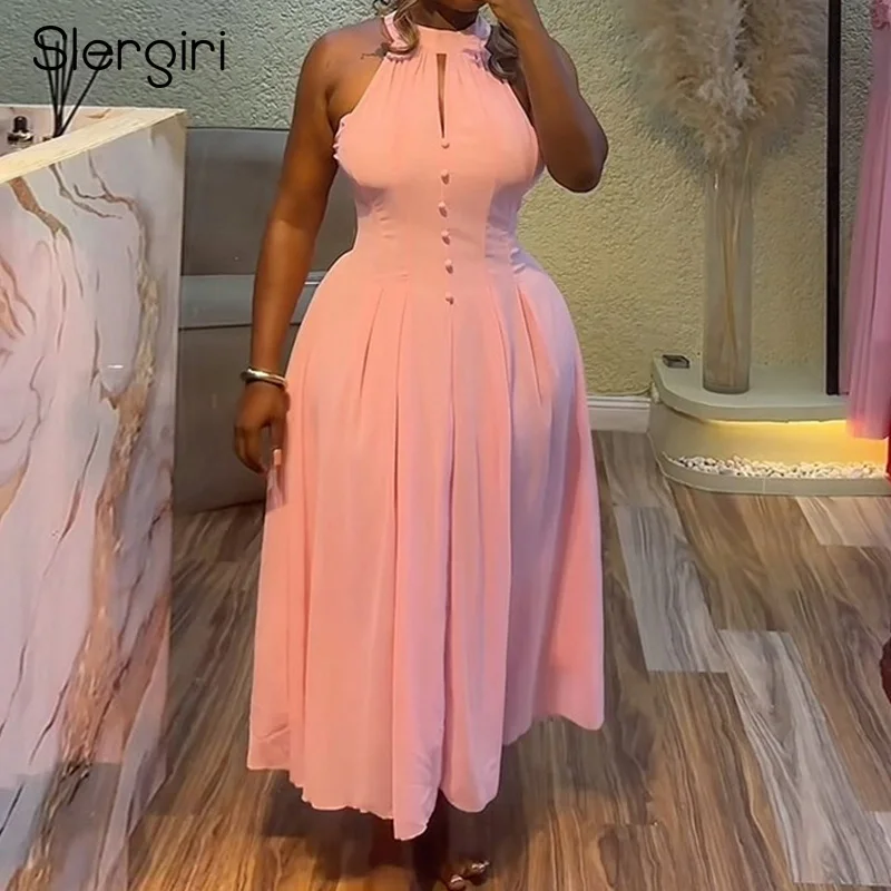 

Slergiri Women's Solid Button Front Bow Tie Halter Dress 2025 Summer Elegant Vacation Sleeveless A-line Chiffon Long Dresses