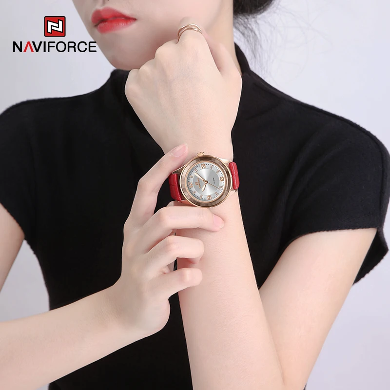 NAVIFORCE-Montre-bracelet étanche avec bracelet en cuir pour femme, montres originales pour femme, horloge décontractée pour femme, cadeaux à la mode