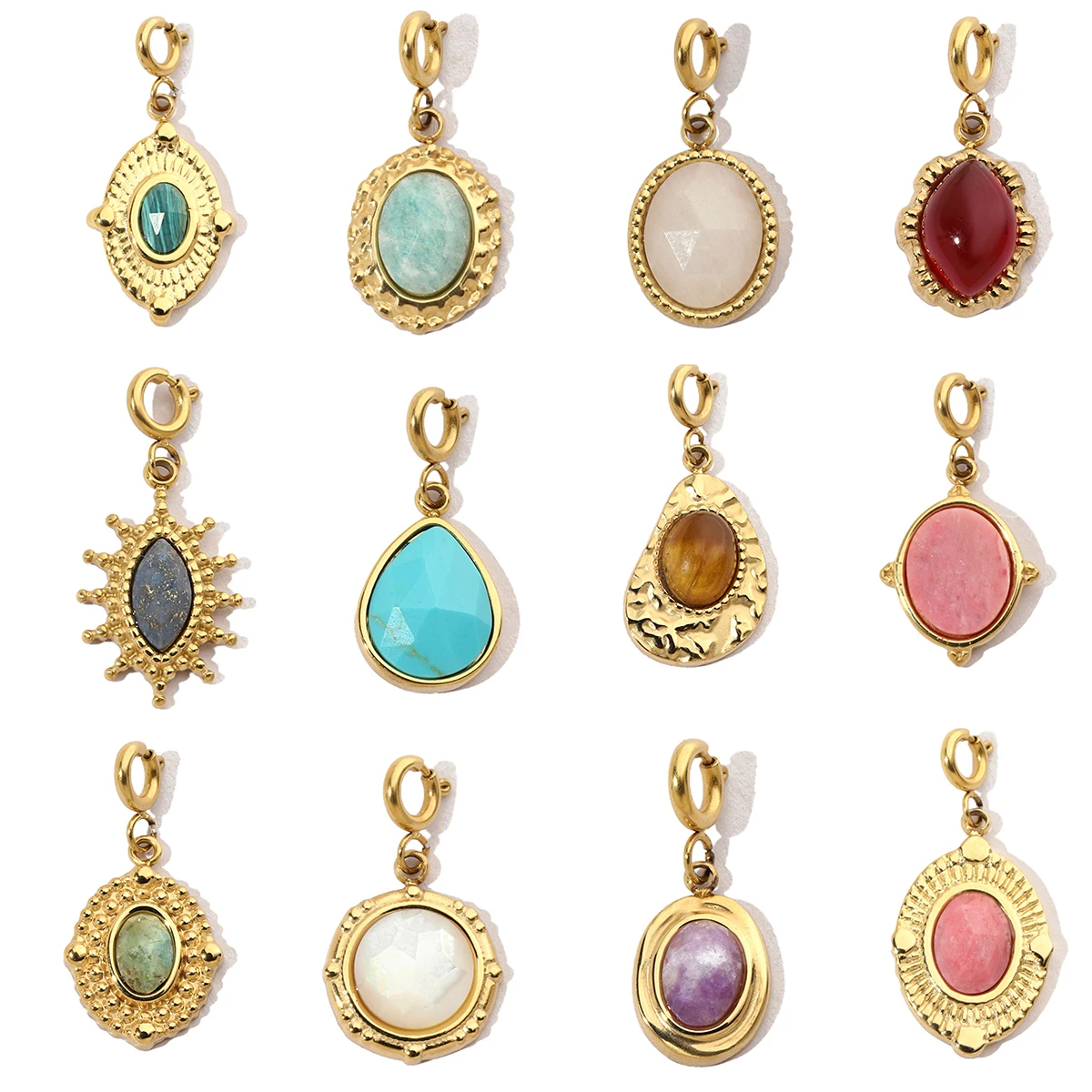 

3Pcs/Lot Stainless Steel Geometrical With Snap Hook Charms Natural Ston Pendants For DIY Making Jewelry Accessory Wholesale