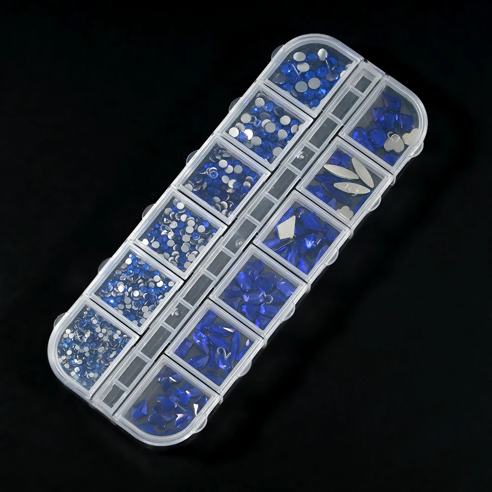 12Grid 3D Christmas Blue Crystal Nail Art Rhinestone Glass Stone Flatback Diamond Non-hotfix Rhinestone for Nail Art Decoration