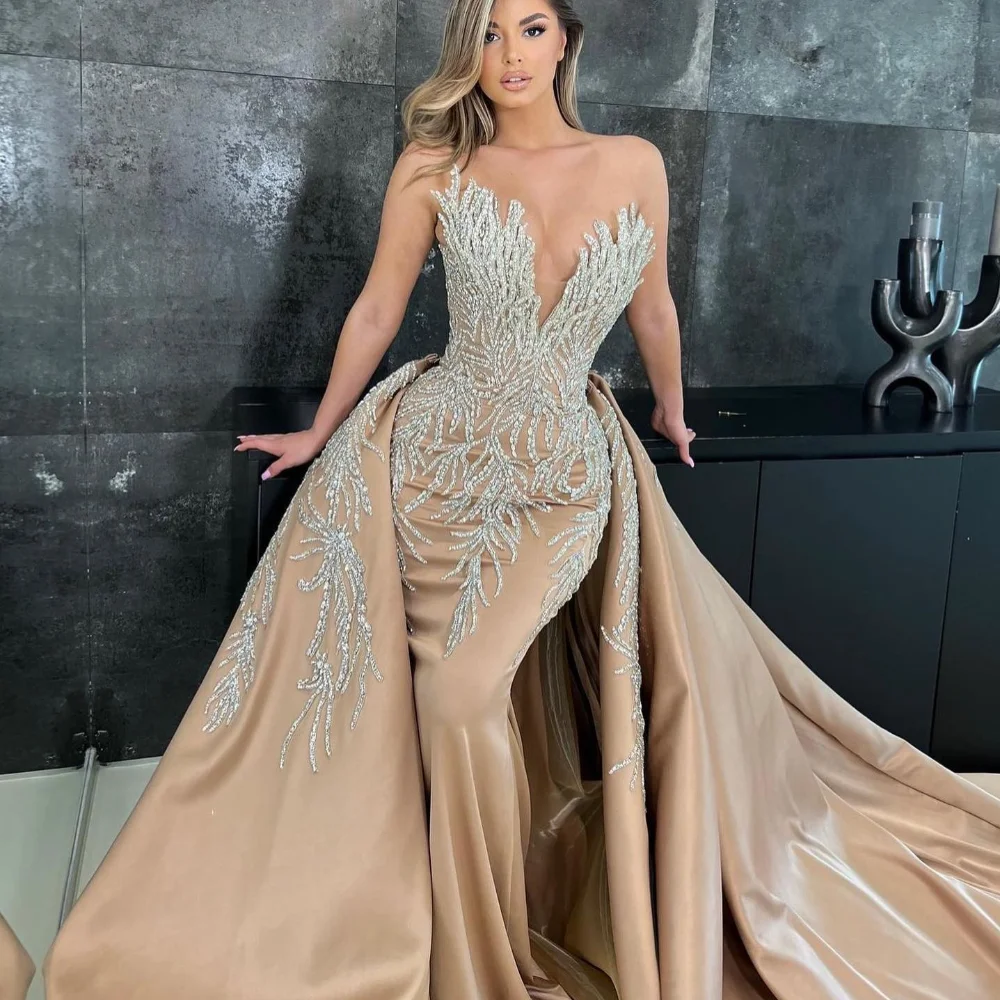 Luxury Champagne Mermaid Prom Dresses With Detachable Train Dubai Delicate Appliques Beaded Long Evening Gowns