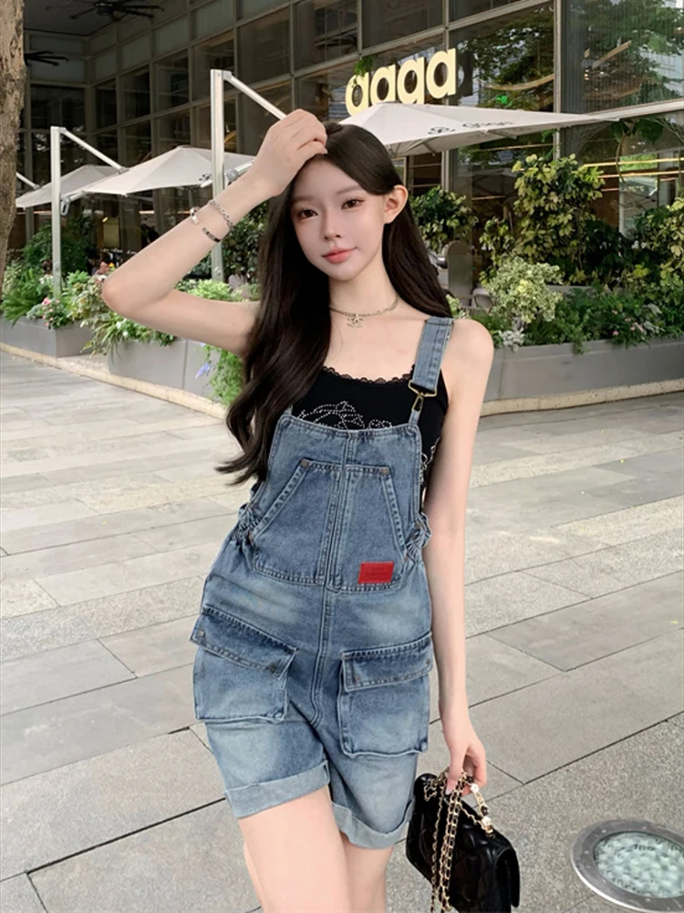 

Casual Streetwear Summer Denim Playsuits Woman Loose Wide Leg Bib Short Pants Jumpsuits Straps Jeans Rompers Women Baggy Shorts