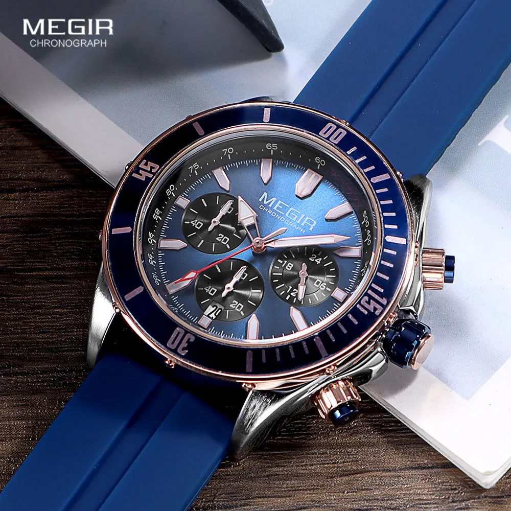 MEGIR Navy Blue Sport Watch for Men Fashion Waterproof Silicone Strap Chronograph Wristwatch with Luminous Hands Auto Date 2226