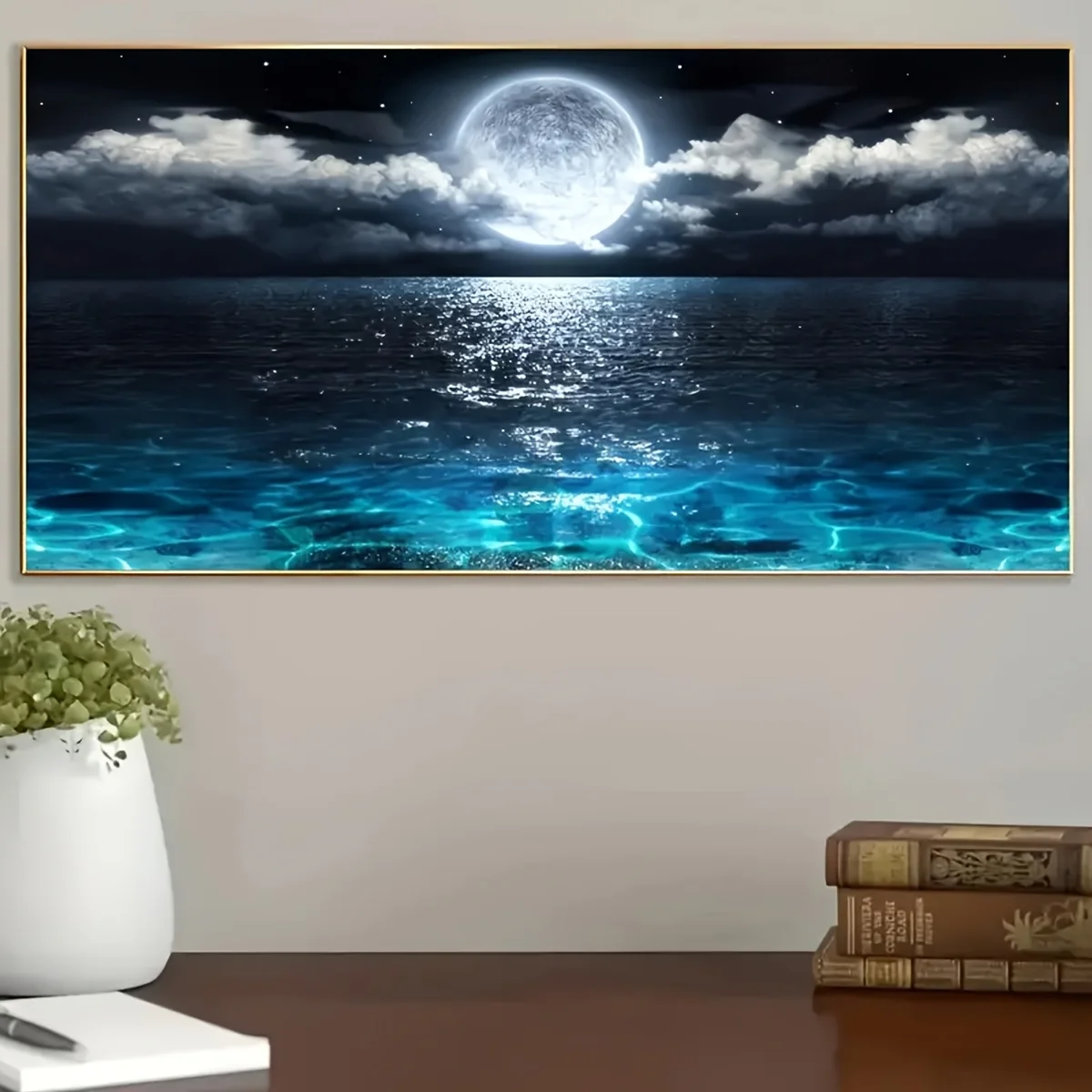 A Frameless Moonlight Ocean Canvas Wall Art, Large Abstract Moonlight Reflection Printing, Modern Home Decoration, Suitable for