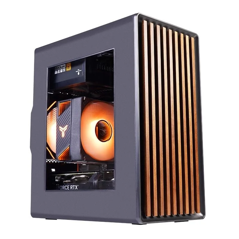 WJCOOLMAN Craftsman 3 MTAX/ITX pc-behuizing, glazen transparant paneel met houten strips, kasten voor gamers, desktop, zakelijke computerbehuizing